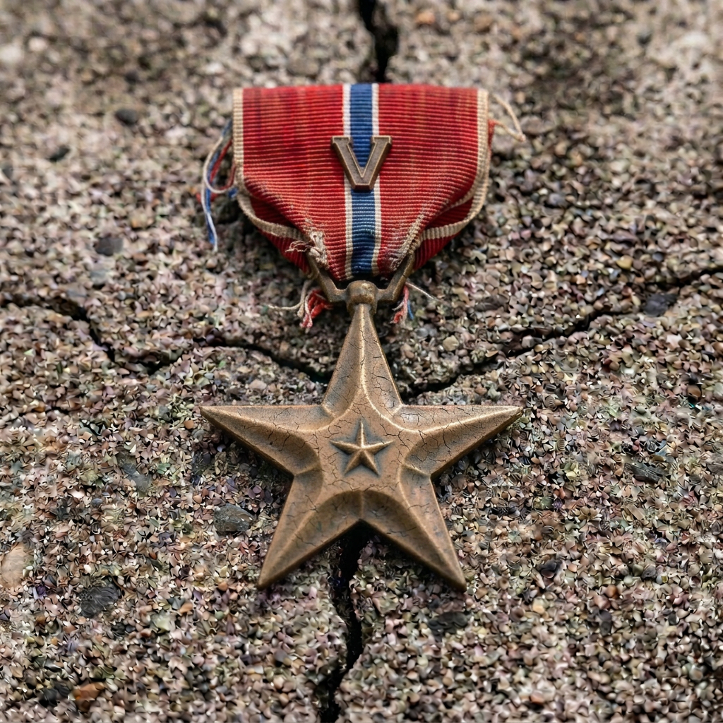 Cracked military service medal with worn ribbon on rough ground