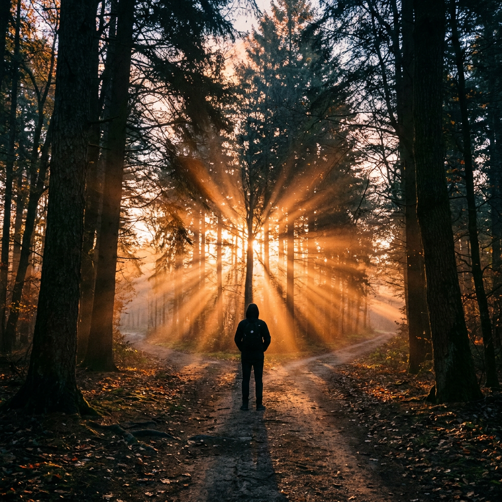 Person standing at forked forest path with sun rays through trees