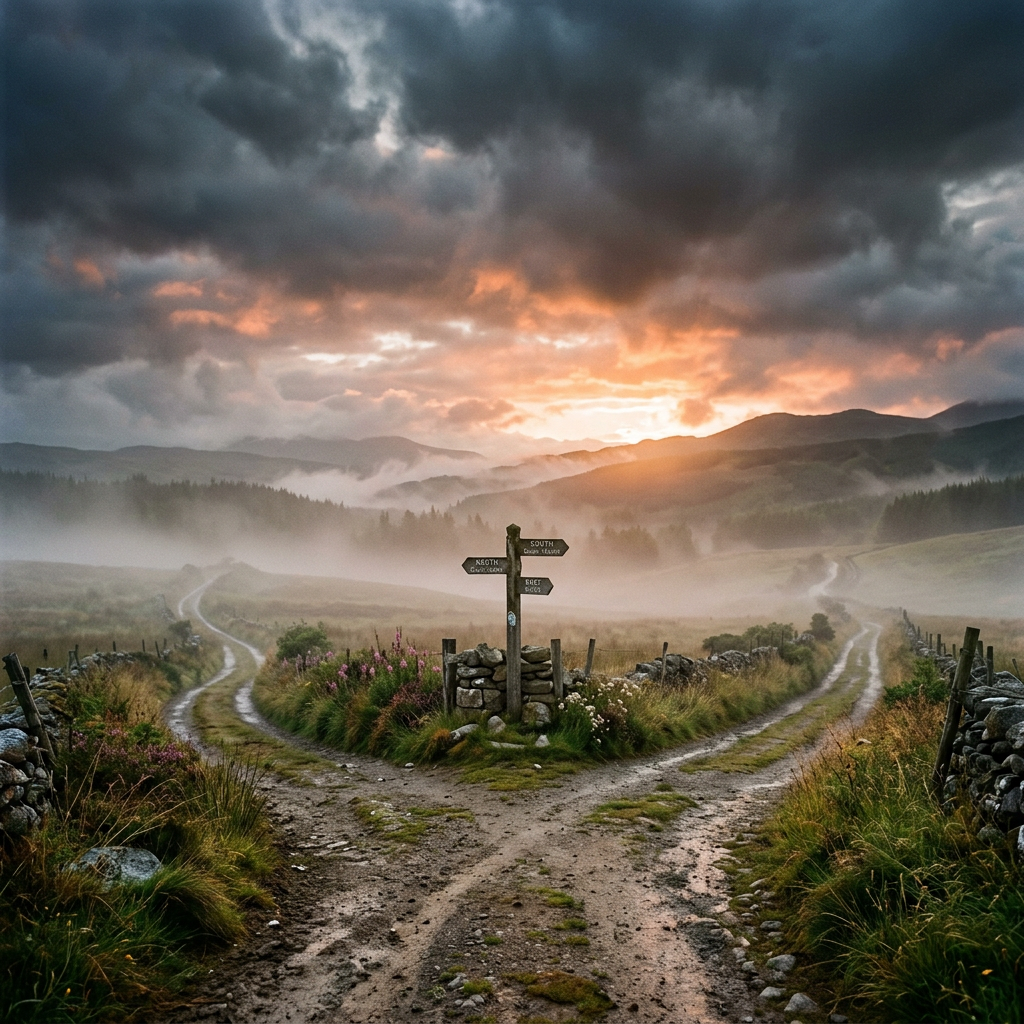 Rural forked dirt paths with signpost and misty hills at sunset